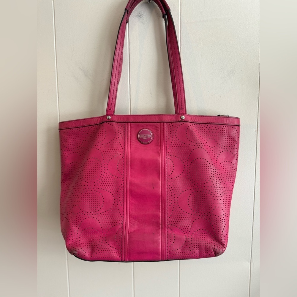 Coach Womens Watermelon Pink Perforated Leather Shoulder Strap Tote Bag Purse